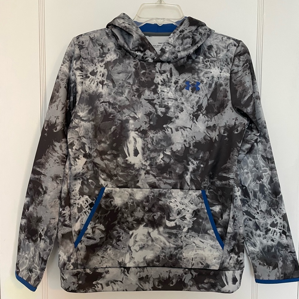 Under Armor Hoodie in grey storm with blue trim - SIZE YOUTH LARGE